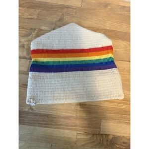 Vintage Beanie Ski USA Rainbow Hat Snowboard Ski Toboggan Knit Cream Wool Read‎